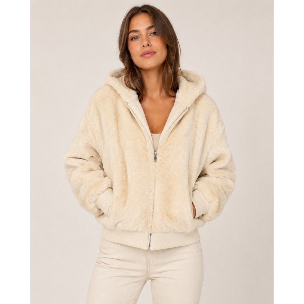 Topshop Cream Faux Fur Hooded Bomber Jacket Womens S/M US 4-6